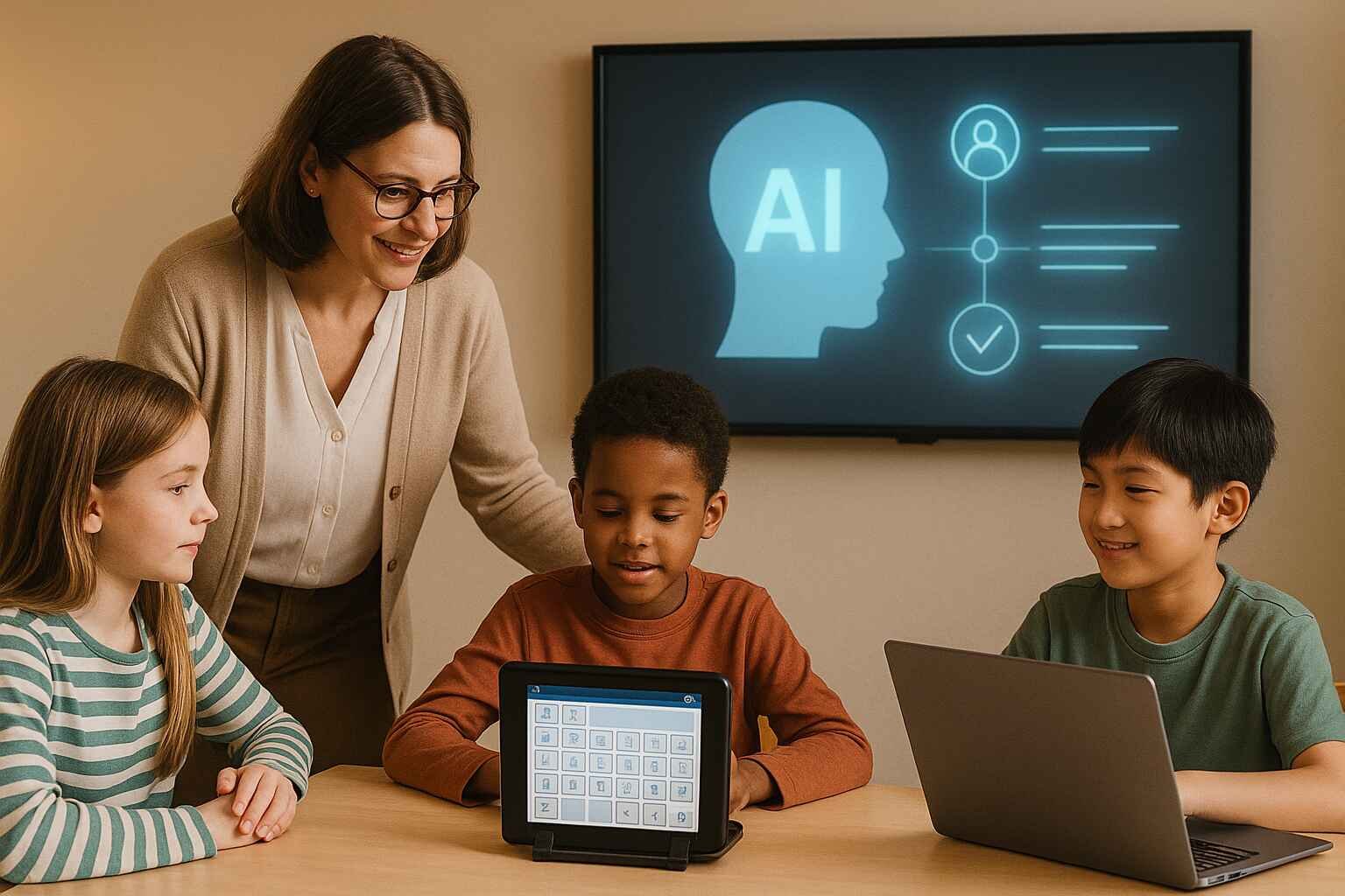 Teacher guiding special needs students using AI tools in a classroom