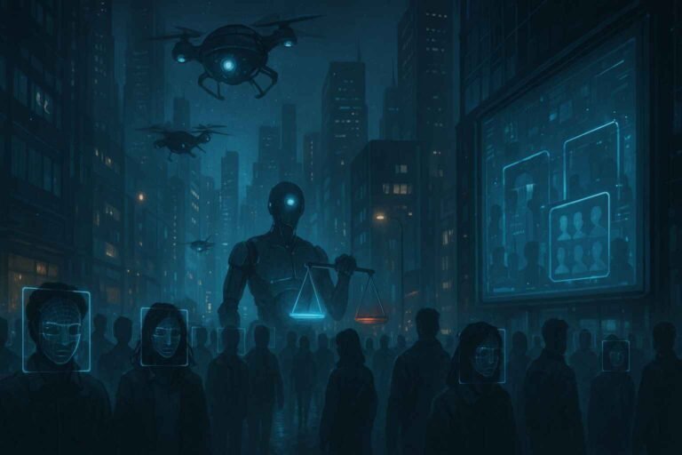 Futuristic city with AI surveillance drones and facial recognition in action
