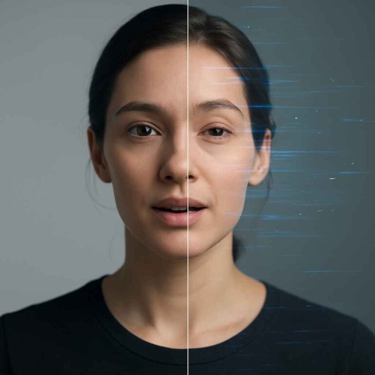 Woman’s still photo transforming into animated portrait using AI technology