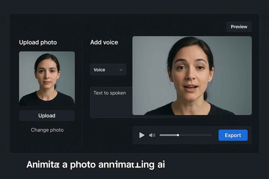 AI tool interface animating a still image with voice input and preview
